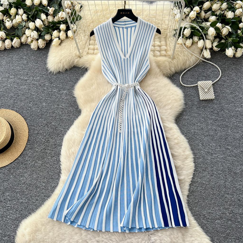 Summer Women Elegant V-neck Sleeveless Striped Knitted Sweater Party Dresses With Pearl Belt