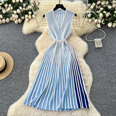 Summer Women Elegant V-neck Sleeveless Striped Knitted Sweater Party Dresses With Pearl Belt