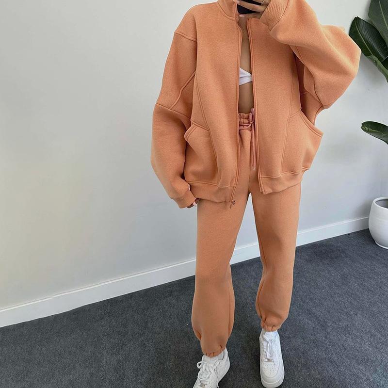 Autumn and Winter Women's Plus Size Solid Colour Lapel Long Sleeve Sweatshirt Fashion Casual Long Pants Suit