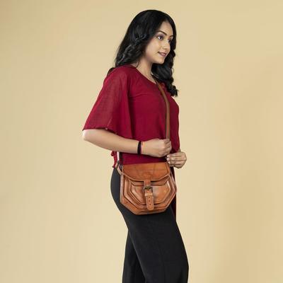 Goatter Leather Casual Sling Bag for Girls and Women. Tan Bag.