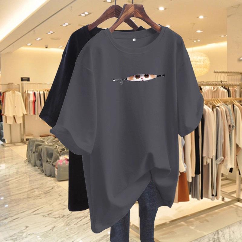Women's Summer 2026 Oversized Cartoon T-shirt - European Style Loose Mid-length Short Sleeve