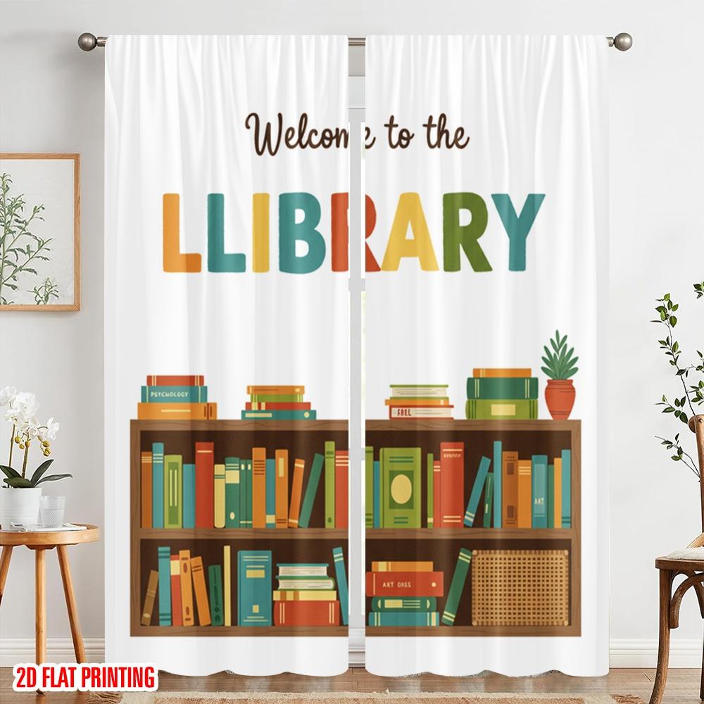 2pcs 2D flat printing Curtain Welcome Library Psychology 100% Polyester Fabric Without Electricity Festive Curtains Perfect for