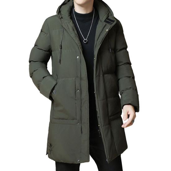 Men Winter Cotton Coat Thicken Padded Hooded Windproof Lightweight Cold Resistant Zipper Closure Long Sleeve Pockets Drawstring Mid Length Coat