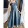 Blue Denim Dress Women's All-match Summer Design French Retro Slim Square Collar Long Skirt