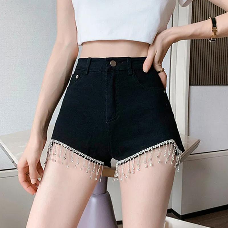 

Женские шорты, короткие джинсы, женские шорты с кисточками и бриллиантами, узкие черные джинсовые шорты в стиле панк с высокой талией L чёрный