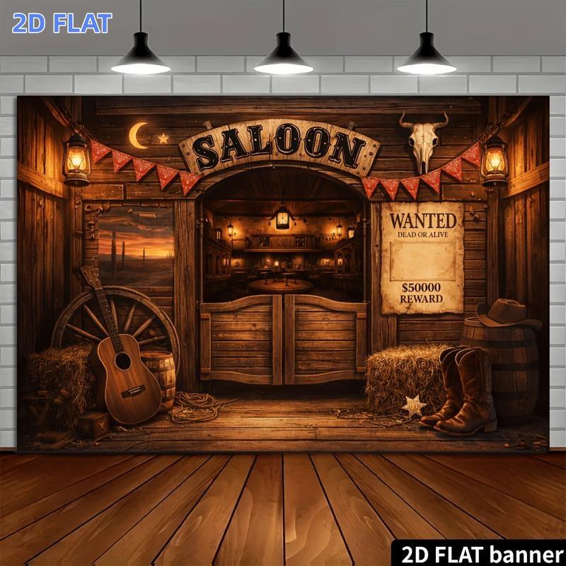 2D flat 1-piece product Western cowboy salon banner background fabric with wooden doorXY