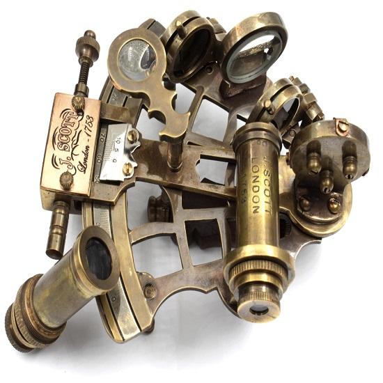 J. Scott London Brass Ship History Sextant with Hardwood Box. Solid Brass Nautical Functional Maritime Sextant Decor Gifts