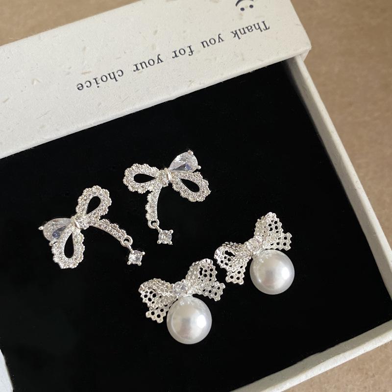 Elegant Zircon Bow & Pearl Stud Earrings - Silver Needle Style for Women