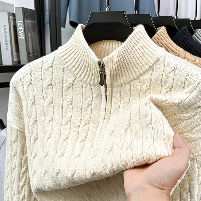 Men's Light Luxury Cable Knit Half-Zip Sweater with Stand Collar - Business Casual Autumn/Winter Outerwear