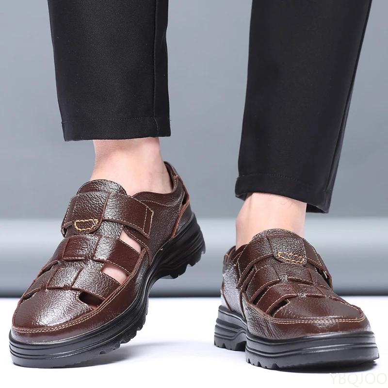 2025 Summer New Men's Shoes Casual Men Sandals Breathable Genuine Leather Toe Shoes Male Hollow Out Comfortable Sandals Homme