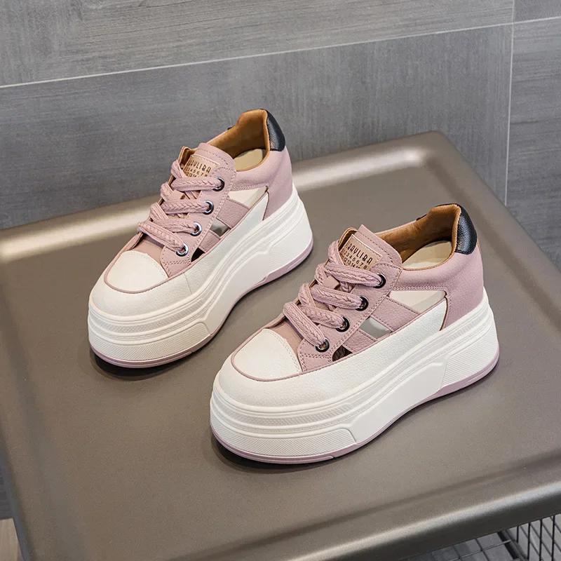 Fashion 9cm Genuine Leather Platform Sneakers Wedge Shoes for Women Breathable Sneakers Autumn Casual Shoes Hidden Heel Zapatillas Mujer