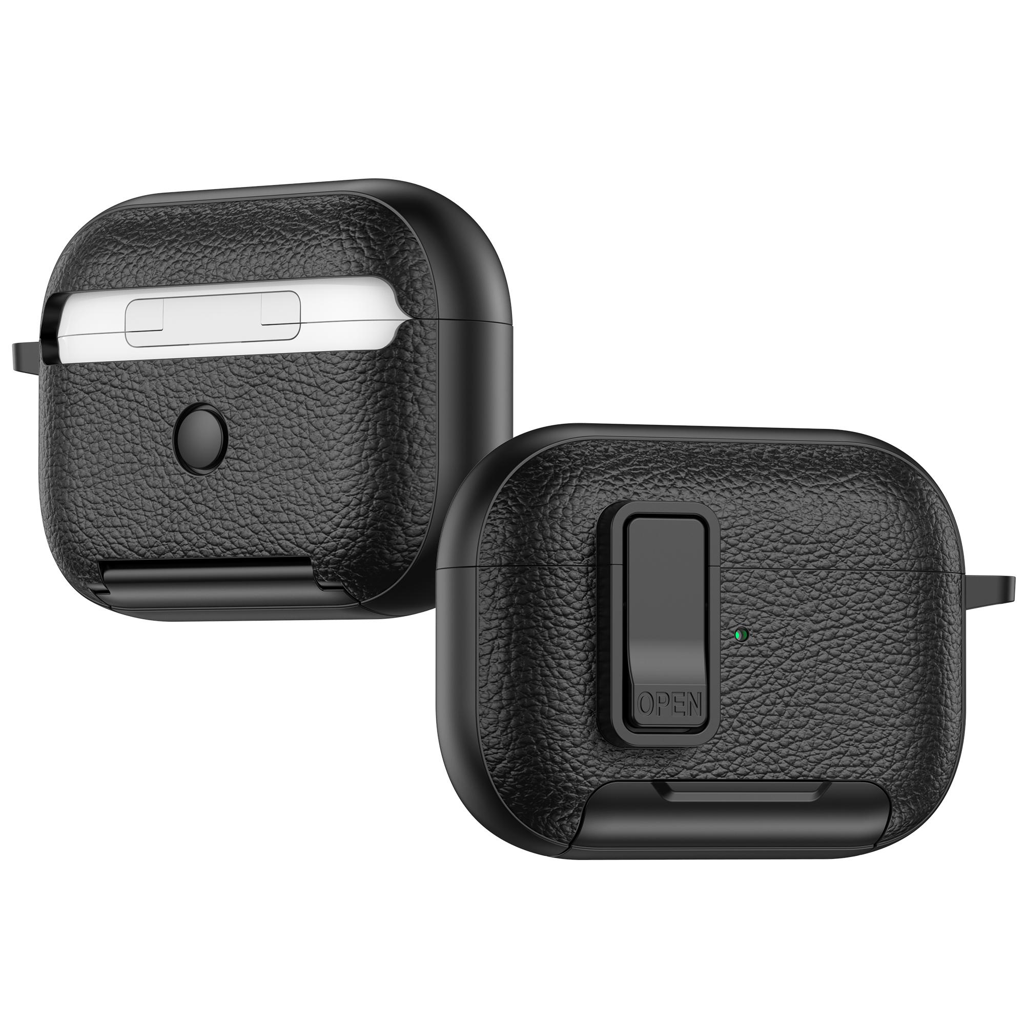 

For Apple AirPods Pro Protective Case with Stand Litchi Texture Leather TPU + PC Earphone Cover with Lock Buckle and Carabiner Dark Blue