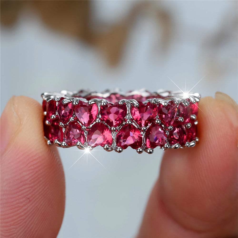Crystal Female Rose Red Zircon Stone Heart Engagement Rings For Women Color Wedding Bands Jewelry Party Gifts