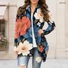 Women Plus Size Floral Printed Long Sleeve Open Front Draped Collar Curved Hem Cardigan