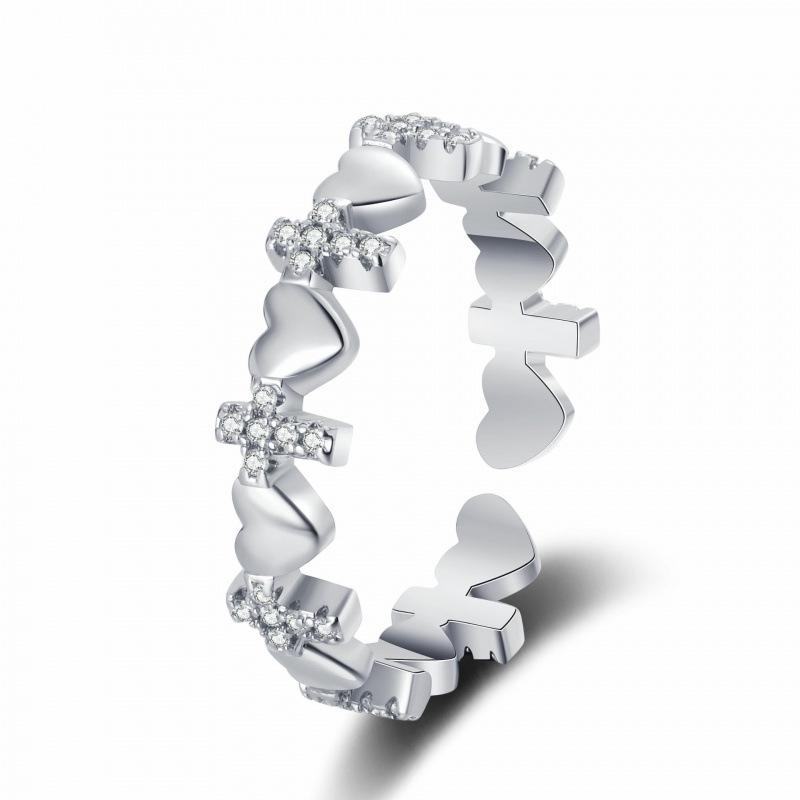 Creative European Zircon Rhinestone Heart Cross Ring - Elegant Fashion for Women Adjustable Open платиновый