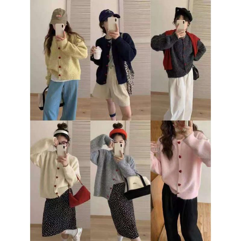 Womens Cute Heart Button Knit Cardigan Loose Fit Round Neck Sweater Fall Winter