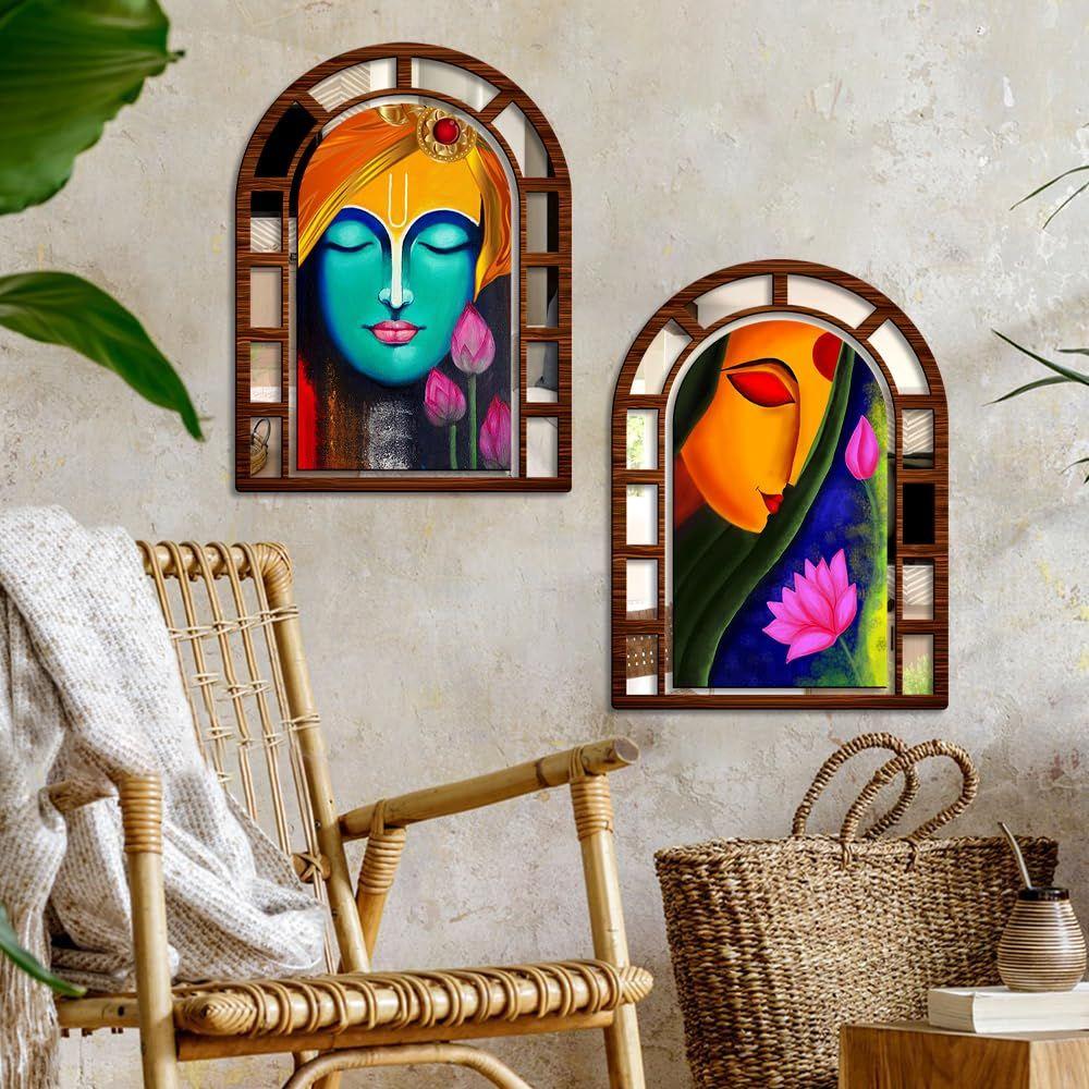 Sehaz Artworks RadhaKri Mirror Jharokha Wall Decor for Living Room-40x30 CM Wall Hanging Wall Hangings For Living Room, Home Decoration Items