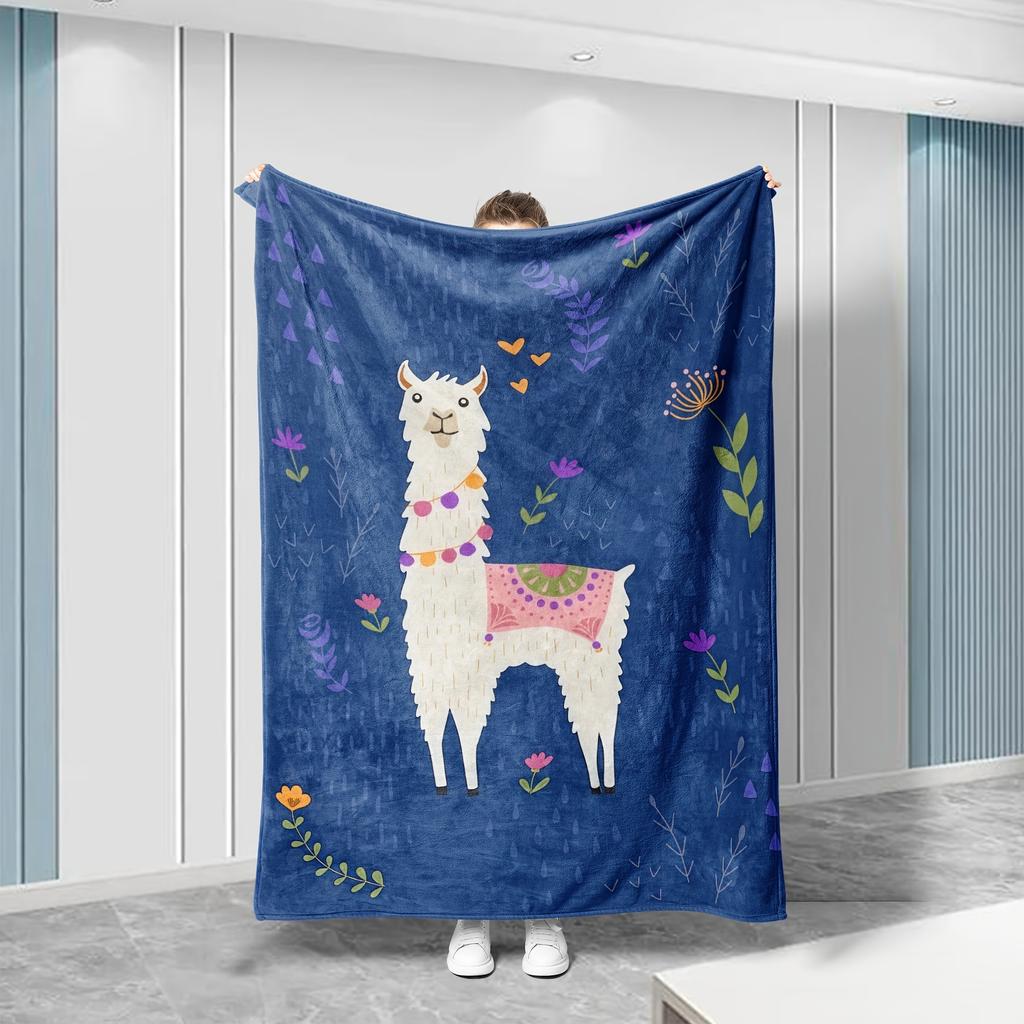 1pc Cozy Alpaca-Themed Flannel Blanket - Soft & Breathable Polyester, Vibrant Digital Print with Llamas & Floral Desig