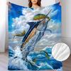 Ocean Life Themed Blue Marlin and Yellowfin Tuna Pattern Flannel Throw Blanket, Air Conditioning Blanket for Dorm and Office Nap