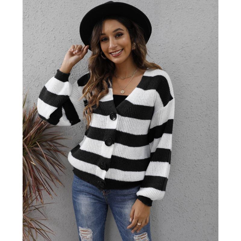 Cardigan de Toamnă/Iarnă pentru Femei, Dungi Contrastante, Nasturi, Patchwork, Pulover Tricotat