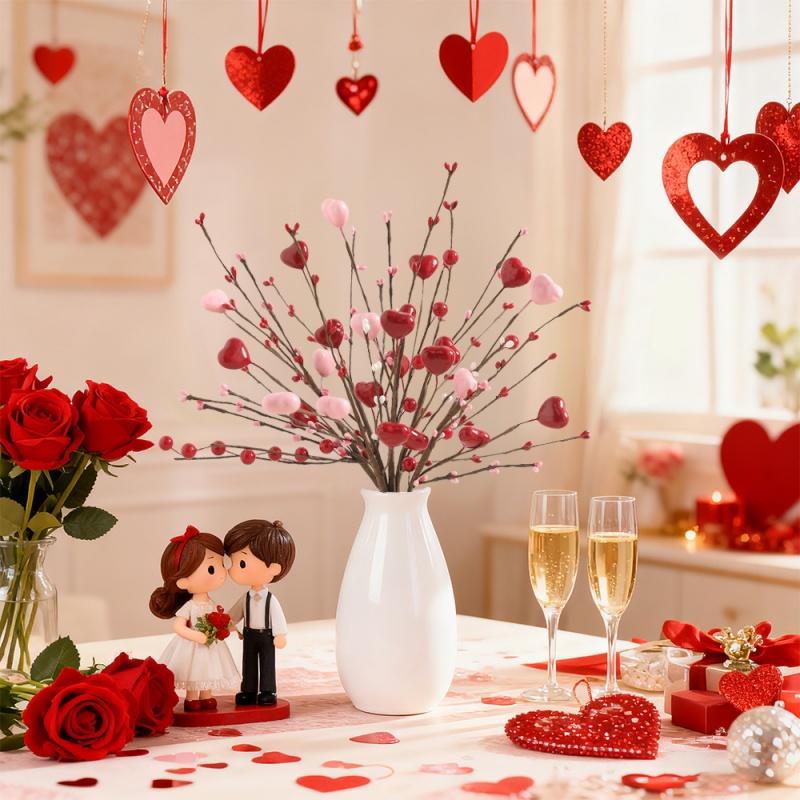 40cm Artificial Heart-Shaped Flower Valentine's Day Decoration Berry Stem For Wedding Wreath Vase Filling DIY Home Party Decor