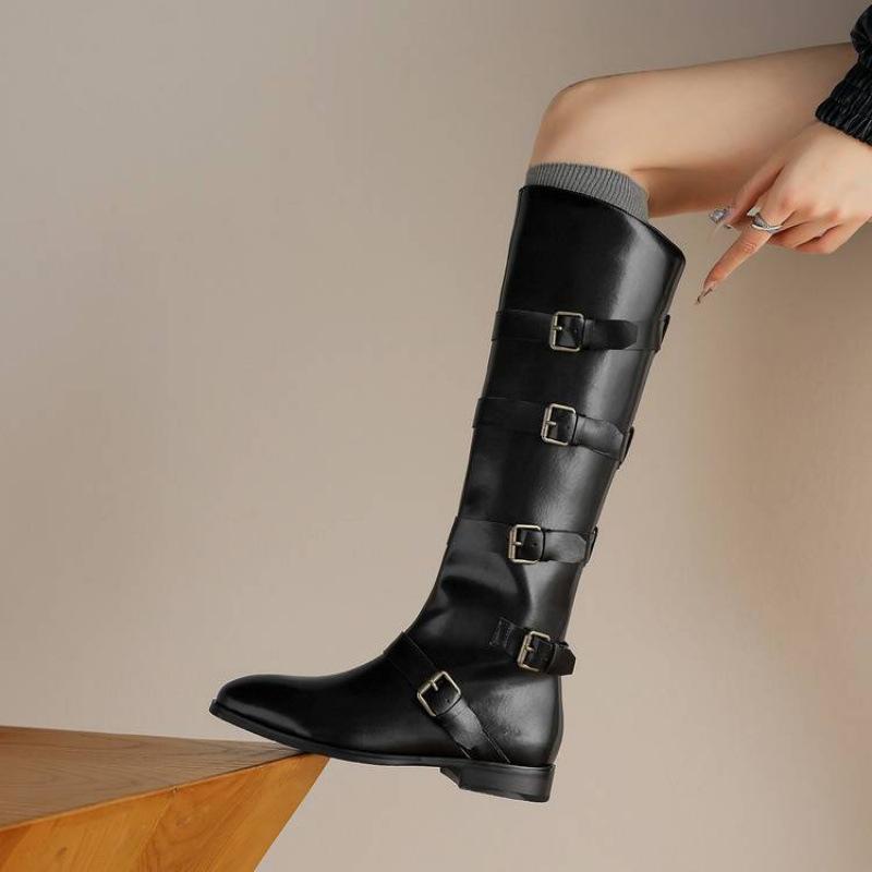 New Women's Martin Boots Stacked Leather Versatile Large Size Women's Boots Sleeve Round Head Cowhide Comfortable Soft-soled High Boots