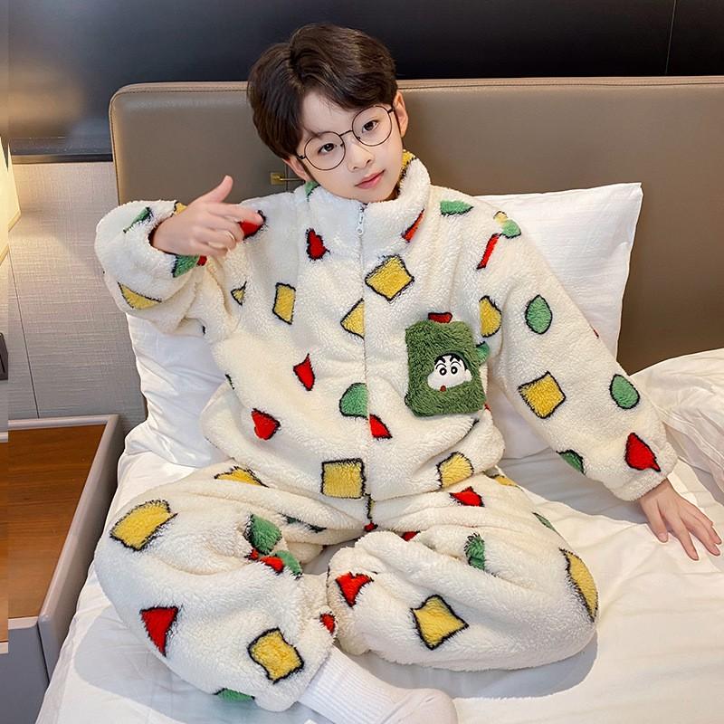 Boys Winter Warm Fleece Pajama Set With Zipper Collar Cartoon Print Long Sleeve Sleepwear Ages 8-14
