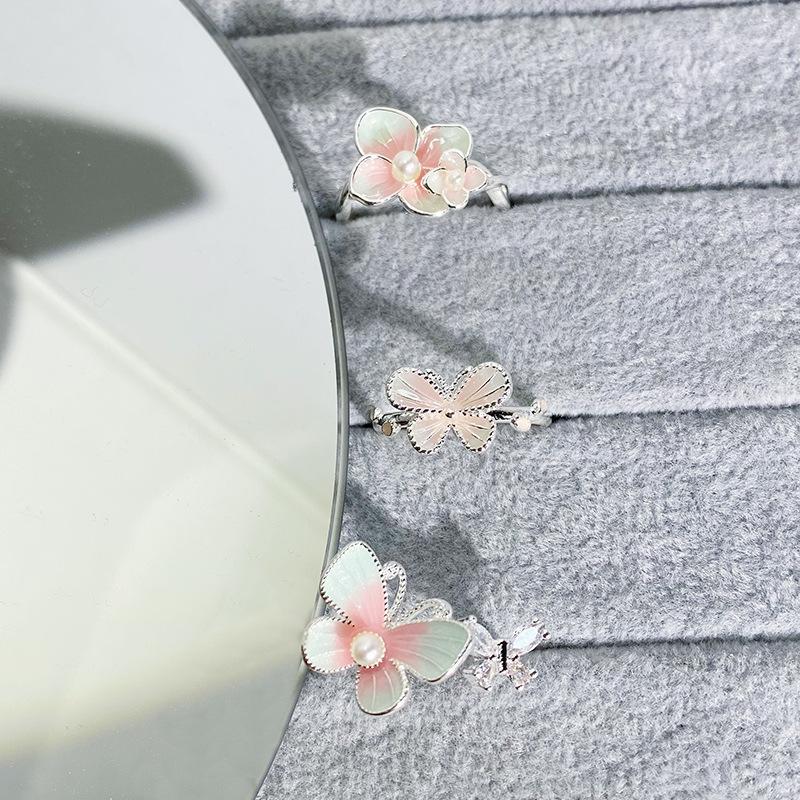 Sweet Flower Butterfly Cool Feeling Enamel Dripping Oil Opening Ring Girlish Feeling Light Luxury High Feeling Niche Index Finger Ring