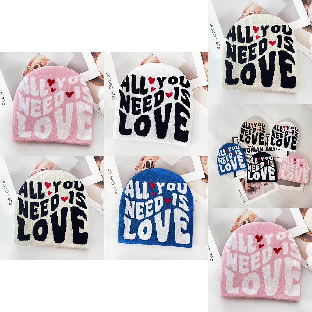 Simple Color Blocked Letter Heart Pattern Women Casual Warm Knitted Hat For Urban Outdoor Use