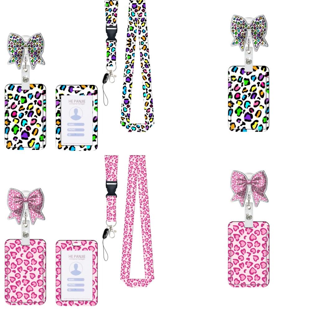 Leopard Print Lanyard Card Holder Retractable Badge Reel Heart Rainbow ID Badge Holder Bow Knot Badge Reel for Teacher Nurse
