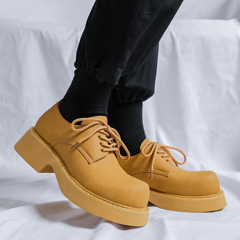 Heightening Paris Big Head Leather Shoes Men's Couple Derby Retro High Street Handsome Thick-soled Yellow Ins Leather Shoes 9522-R