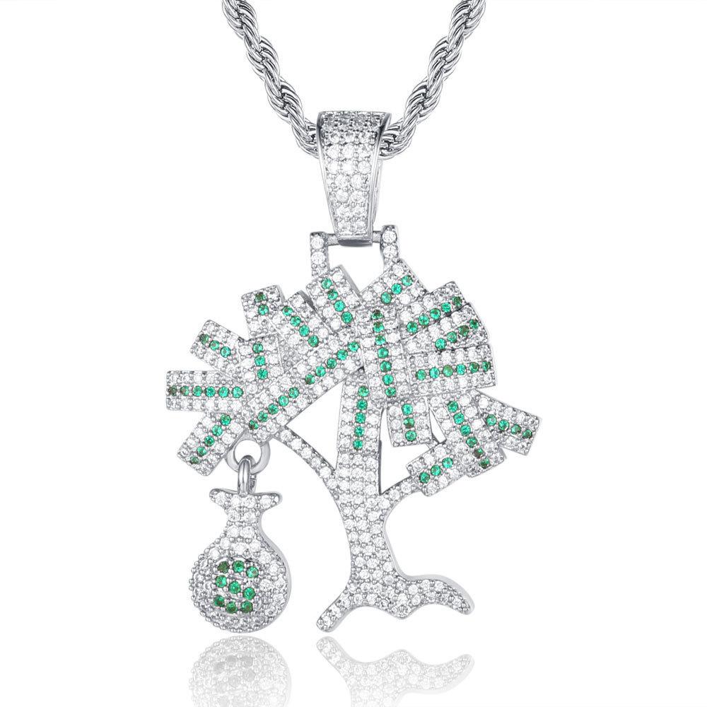 Hot Selling Micro Inlaid Zircon Dollar Wealth Tree Men Hip op Pendant Necklace with Seven Beads