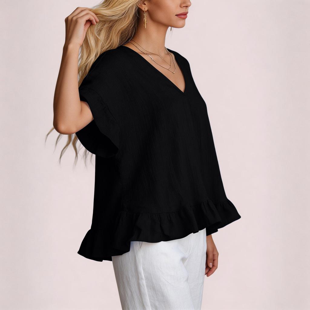 Women's Ruffled V-Neck Shirt Fashionable Casual Short-Sleeved Top
