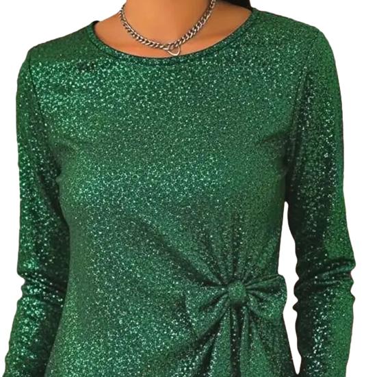 Dame Topper Rund Hals Langermet Glitrende Paljetter Pullover Topper med Skinnende Sløyfeaksenter Hverdagsklær