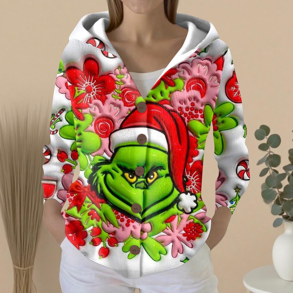 Women's Fashion Casual Sweater Button-Up Print Cardigan  Hooded Jacket