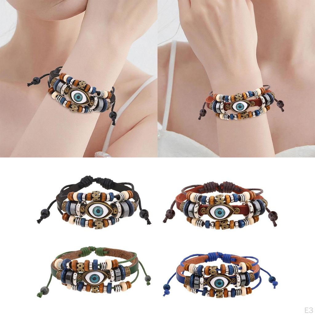 Braided PU Leather Bracelet ,Handmade Beaded ,Adjustable Length Gifts Vintage Hollow Carved