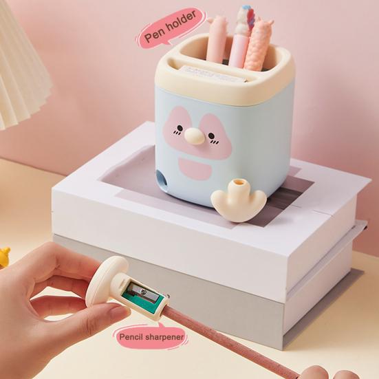 xiaobudian Pen Holder with Detachable Pencil Sharpener, Dual Compartments Organizer, Cartoon Penguin Design Office Desk Organizer