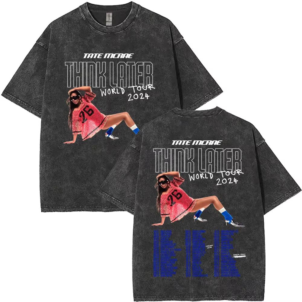 Gewaschenes Vintage Singer Tate Mcrae The Think Later Welttournee T-Shirt Herren Damen Modetrend Oversized T-Shirts Streetwear Unisex