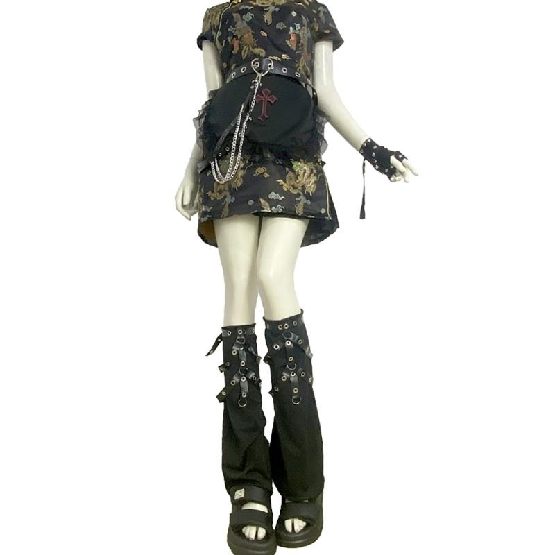 Women Punk Lace Up Straps Flared Leg Warmers Japanese Harajuku Eyelets Knee Length Foot Cover Long Tube Socks Streetwear