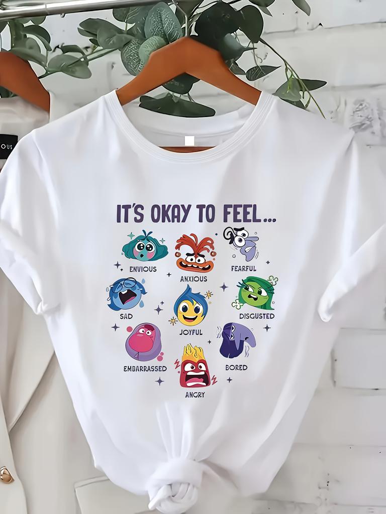 Damen Plus Size Lässiges Bedrucktes Kurzarm-T-Shirt mit Emotions-Grafik Polyester-Elastan-Mischung