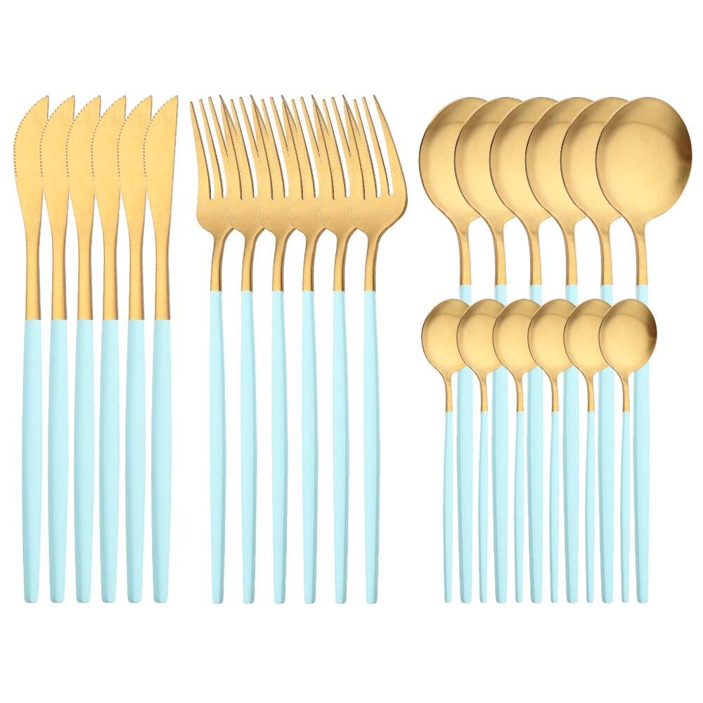 24 deler Matt Svart Gull Bestikksett Gaffel Skje Kniv Bestikksett Rustfritt stål Bestikk Komplett servisesett Kjøkken