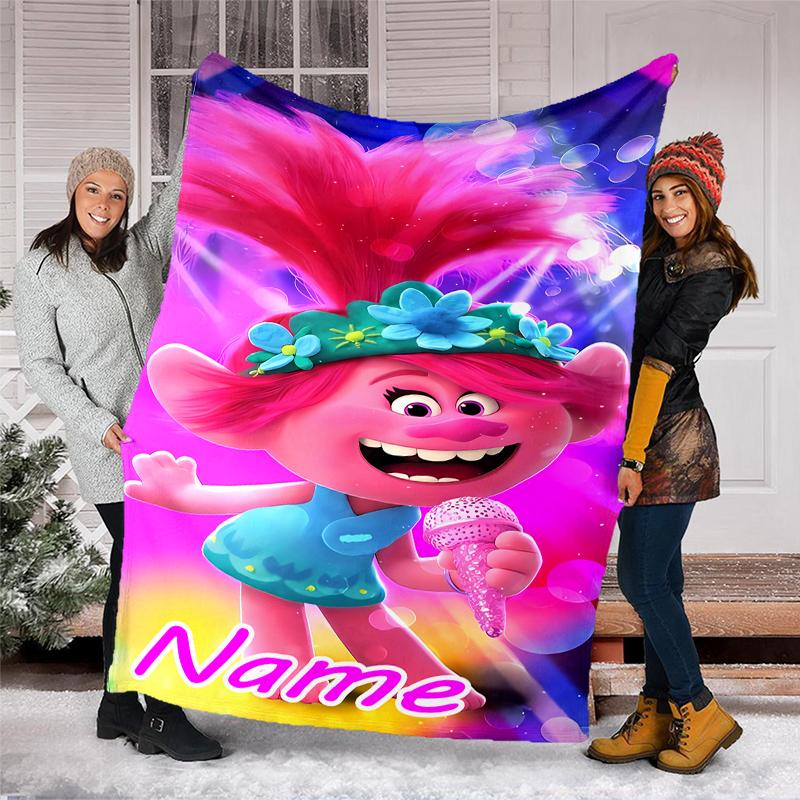 Personalized Custom Name Blanket - Trolls Print Design,Blanket for Sofa,Bed,Travel,Camping - Soft and Warm, Great Gift