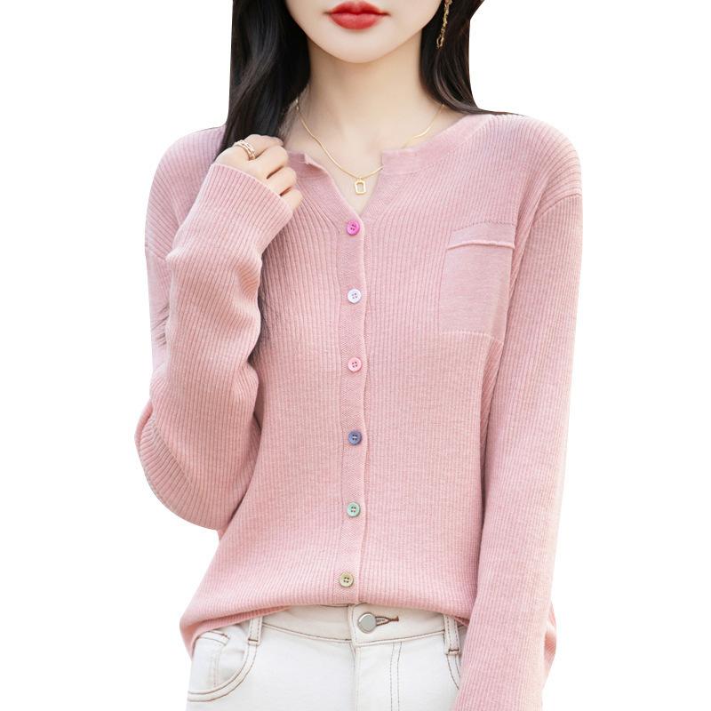 Spring New V-neck Knitted Cardigan, Solid-color Buttonhole Striped Loose and Versatile Top