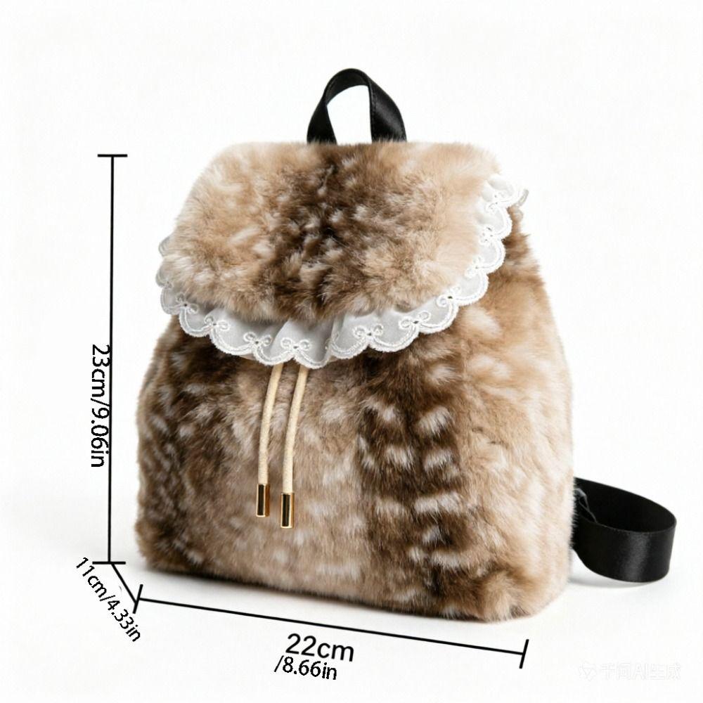 Deer Spot Fluffy Shoulder Bag Soft Plush Backpack Casual Drawstring School Bag Autumn Winter
