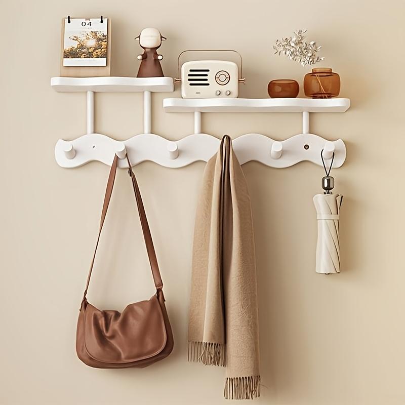 Wall Mounted Coat Rack with Hooks, No Drill Adhesive Wooden Entryway Organizer for Hats Bags, Space Saving Wall Hanger Bedroom