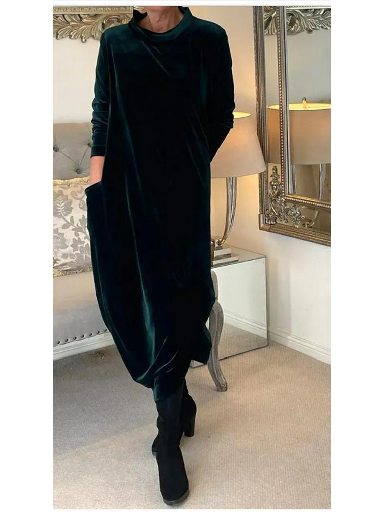2026 Spring Slimming Velvet Dress - European & American Style, Round Neck, Long, Comfortable, Fashionable.