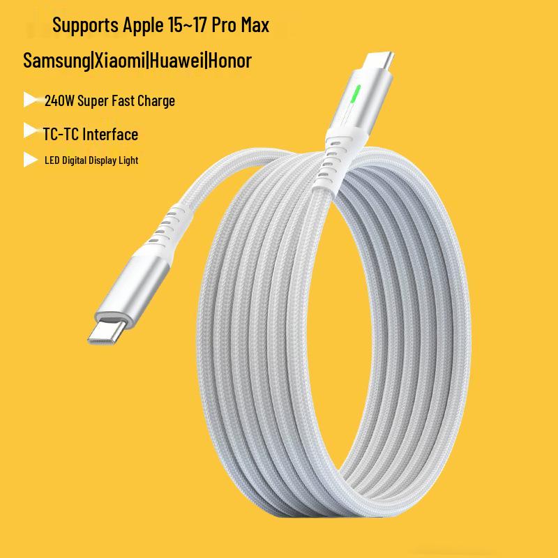 240W Dual USB-C Fast Charging Cable with LED Light for Apple, Android, Huawei Devices.