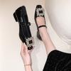 Mary Jane Shoes Women's Spring New Rhinestone Square Buckle Fashion Single Shoes Square Head Thick Heel High Heels Women