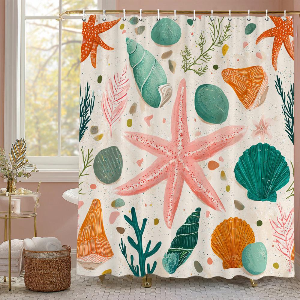 

Ocean Shell Shower Curtain, Ocean Beach Shell Starfish Summer Bathroom Decorative Shower Curtain, Waterproof Shower Curtain 90x180cm-35x70in