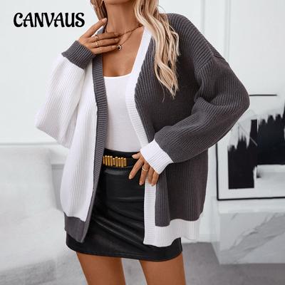 Maglione da Donna Taglie Forti Autunno e Inverno Contrasto di Colori Ampio Lunghezza Media Maglione Lavorato a Maglia Cardigan
